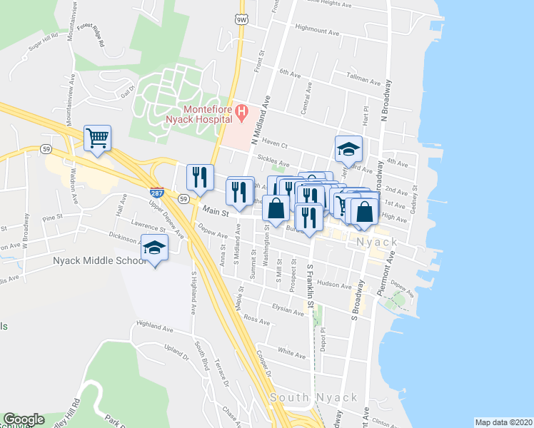 map of restaurants, bars, coffee shops, grocery stores, and more near 22 Catherine Street in Nyack