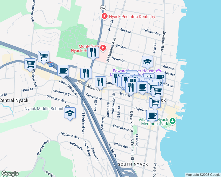 map of restaurants, bars, coffee shops, grocery stores, and more near 22 Catherine Street in Nyack
