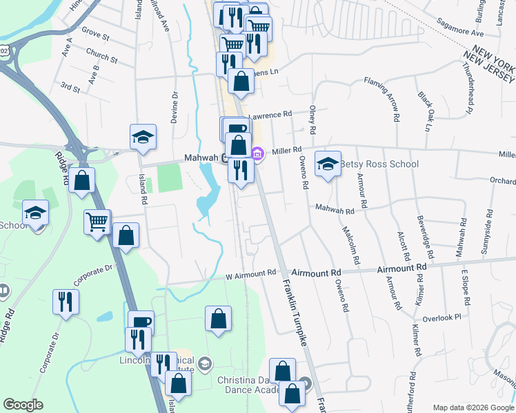 map of restaurants, bars, coffee shops, grocery stores, and more near 228 Franklin Turnpike in Mahwah