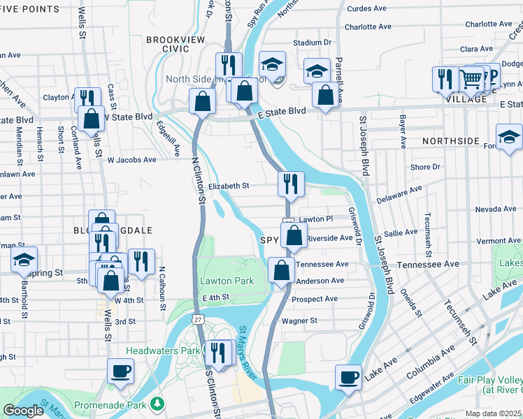 map of restaurants, bars, coffee shops, grocery stores, and more near 453 Nussbaum Avenue in Fort Wayne