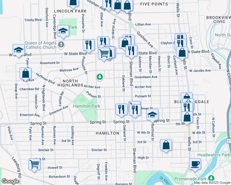 map of restaurants, bars, coffee shops, grocery stores, and more near 1115 Archer Avenue in Fort Wayne