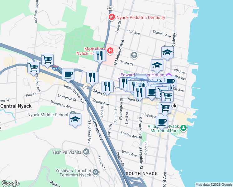 map of restaurants, bars, coffee shops, grocery stores, and more near 218 Main Street in Nyack