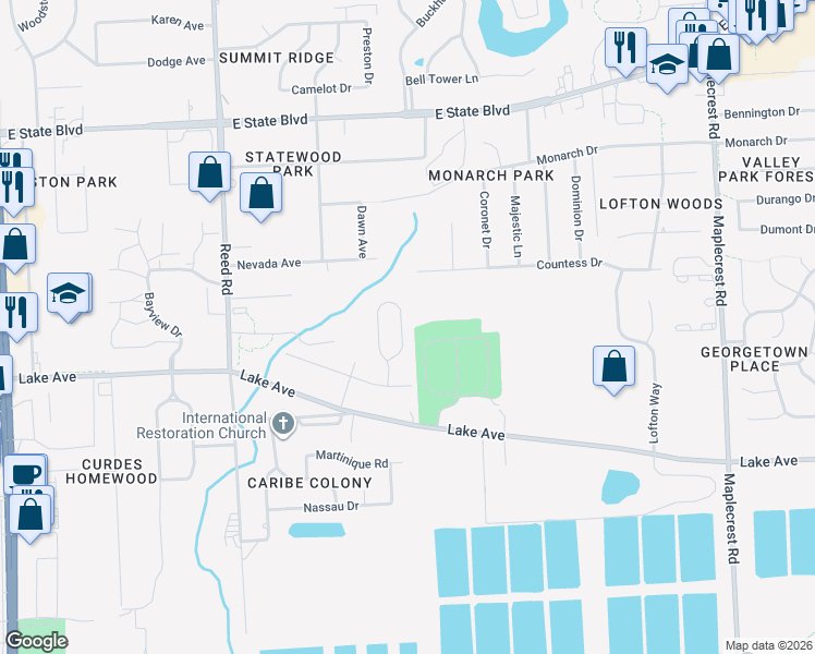 map of restaurants, bars, coffee shops, grocery stores, and more near 1525 Flagstone Drive in Fort Wayne