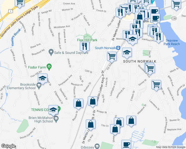 map of restaurants, bars, coffee shops, grocery stores, and more near 7 Paradiso Street in Norwalk