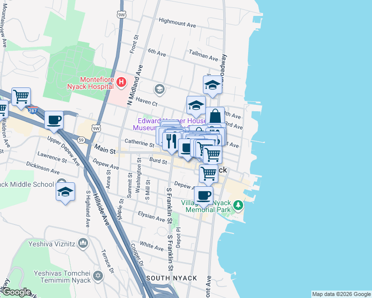 map of restaurants, bars, coffee shops, grocery stores, and more near 88 High Avenue in Nyack