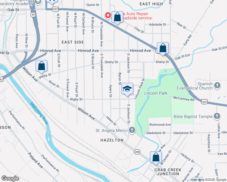 map of restaurants, bars, coffee shops, grocery stores, and more near 212 Byron Street in Youngstown