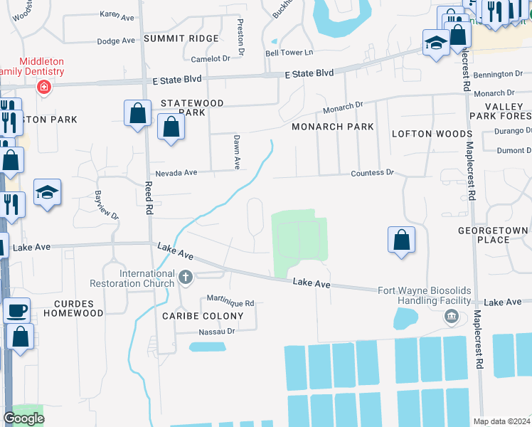 map of restaurants, bars, coffee shops, grocery stores, and more near 1525 Flagstone Drive in Fort Wayne