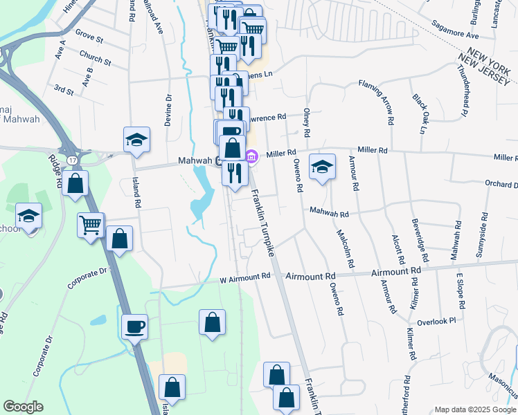 map of restaurants, bars, coffee shops, grocery stores, and more near 240 Franklin Turnpike in Mahwah