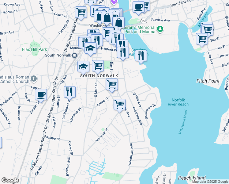 map of restaurants, bars, coffee shops, grocery stores, and more near 88 Day Street in Norwalk