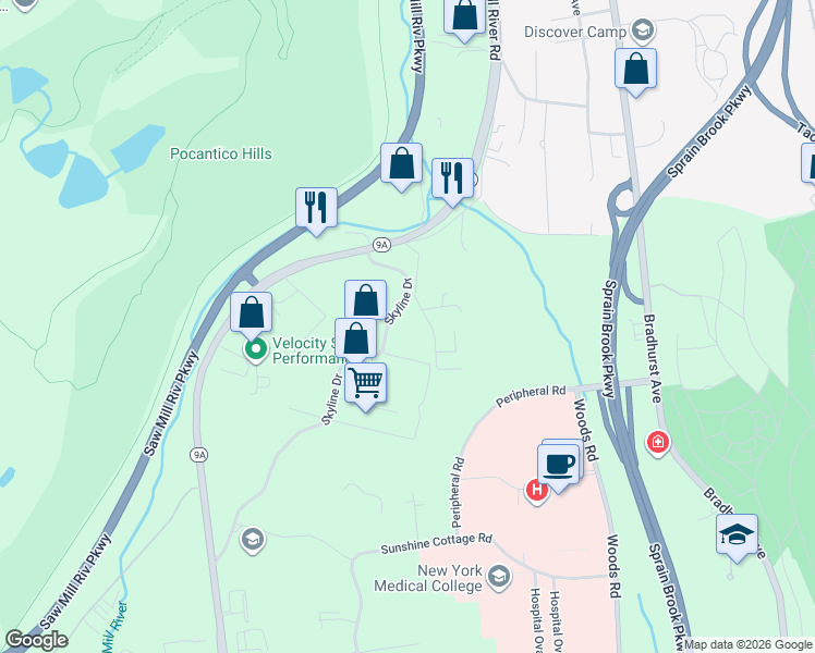 map of restaurants, bars, coffee shops, grocery stores, and more near 3 Skyline Drive in Hawthorne