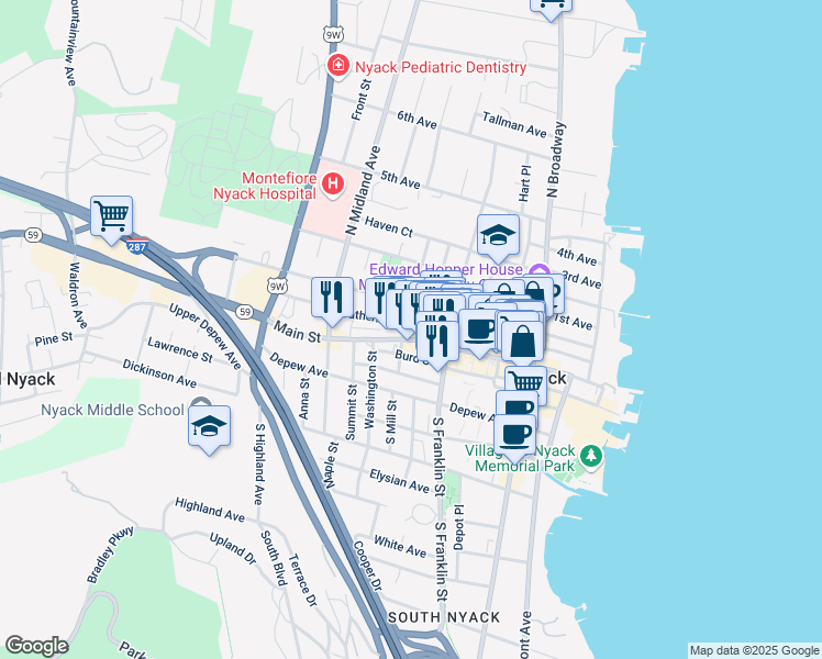 map of restaurants, bars, coffee shops, grocery stores, and more near 145 High Avenue in Nyack