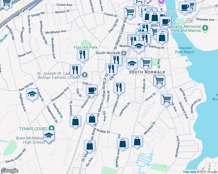 map of restaurants, bars, coffee shops, grocery stores, and more near 2 Laura Street in Norwalk