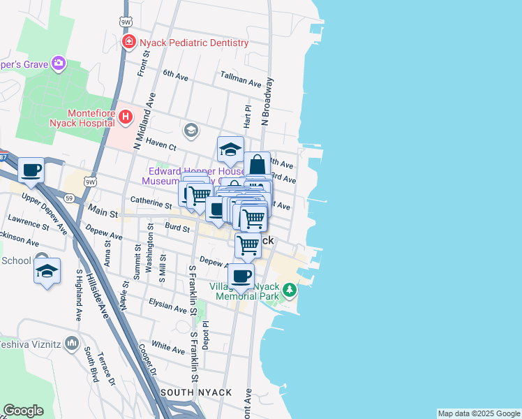 map of restaurants, bars, coffee shops, grocery stores, and more near 24 1st Avenue in Nyack