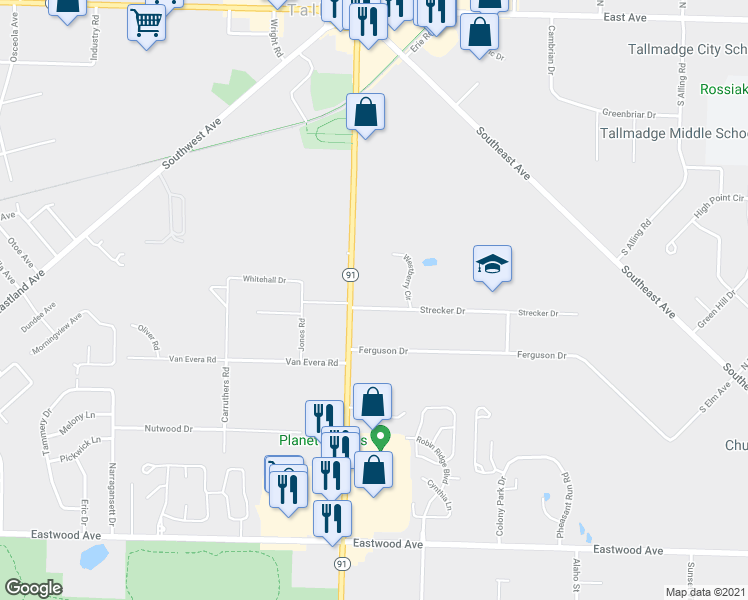 map of restaurants, bars, coffee shops, grocery stores, and more near 315 South Avenue in Tallmadge