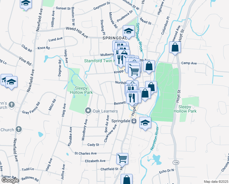 map of restaurants, bars, coffee shops, grocery stores, and more near 61 Palmer Street in Stamford