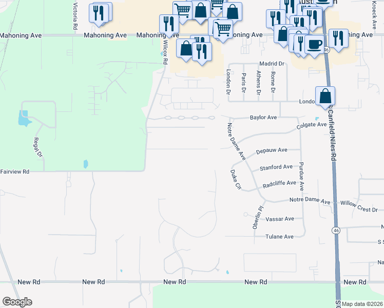 map of restaurants, bars, coffee shops, grocery stores, and more near 5900 Boulder Creek Drive in Youngstown