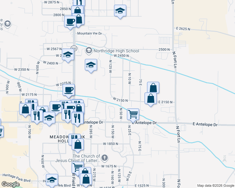 map of restaurants, bars, coffee shops, grocery stores, and more near 94 West 2200 North in Layton