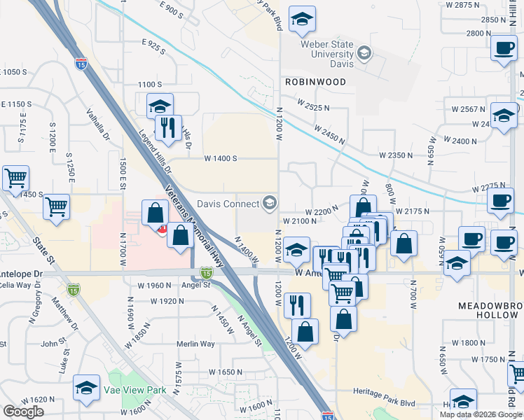 map of restaurants, bars, coffee shops, grocery stores, and more near 1556-1598 Legend Hills Drive in Clearfield