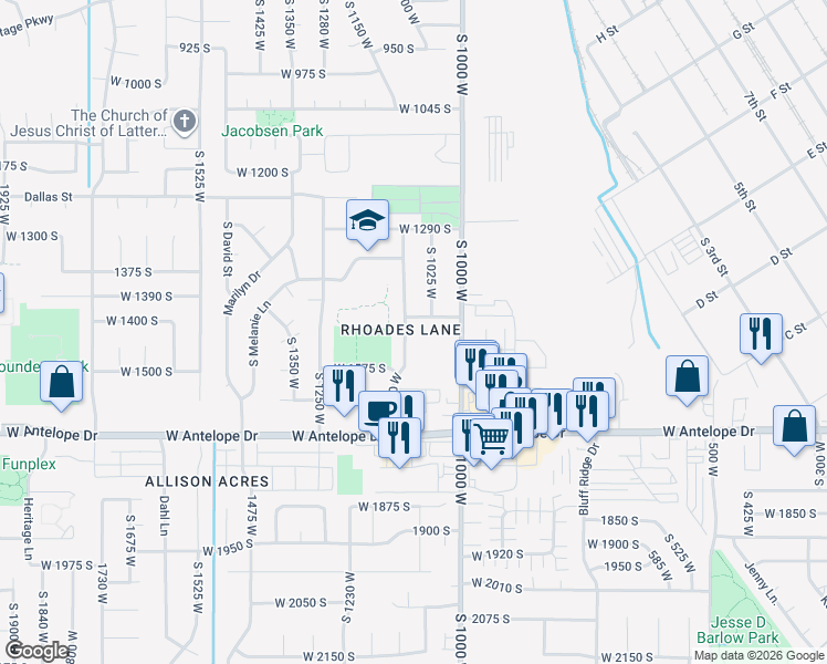 map of restaurants, bars, coffee shops, grocery stores, and more near 1085 West 1475 South in Syracuse