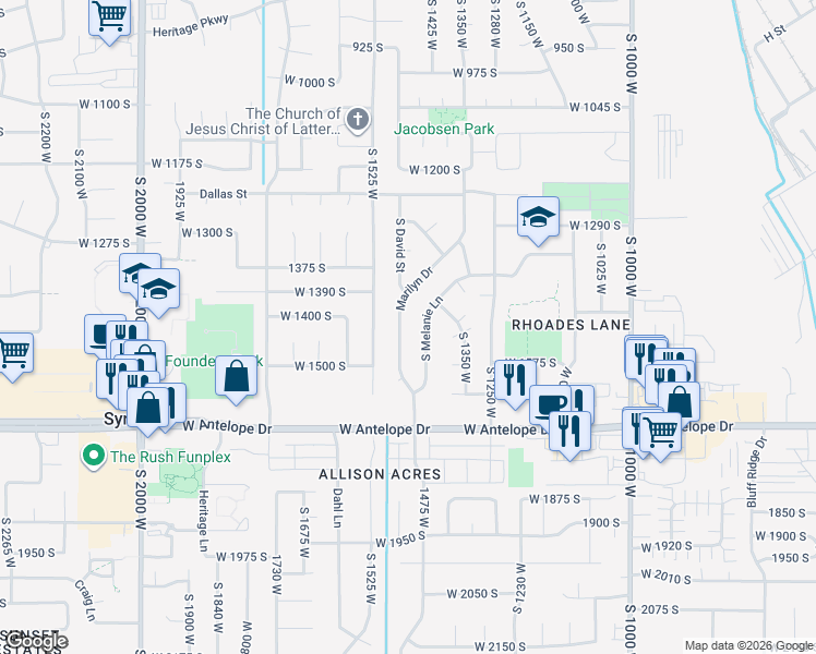 map of restaurants, bars, coffee shops, grocery stores, and more near 1472 Marilyn Drive in Syracuse