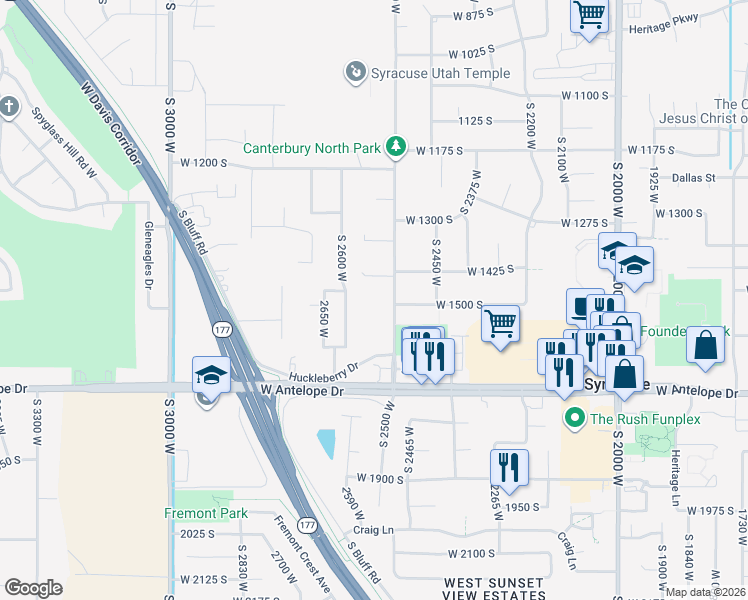 map of restaurants, bars, coffee shops, grocery stores, and more near 1481 South 2600 West in Syracuse
