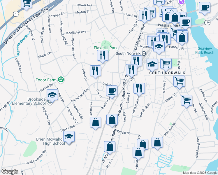 map of restaurants, bars, coffee shops, grocery stores, and more near 2 Ridge Street in Norwalk