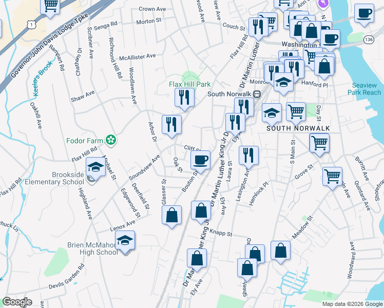 map of restaurants, bars, coffee shops, grocery stores, and more near 2 Ridge Street in Norwalk
