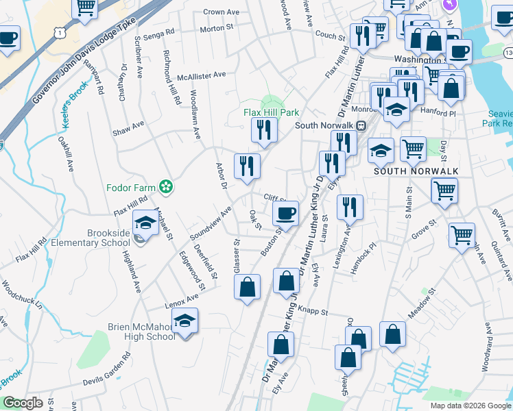 map of restaurants, bars, coffee shops, grocery stores, and more near 2 Ridge Street in Norwalk
