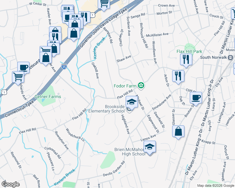 map of restaurants, bars, coffee shops, grocery stores, and more near 347 Flax Hill Road in Norwalk