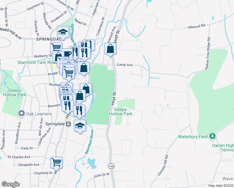 map of restaurants, bars, coffee shops, grocery stores, and more near 213 Hoyt Street in Darien