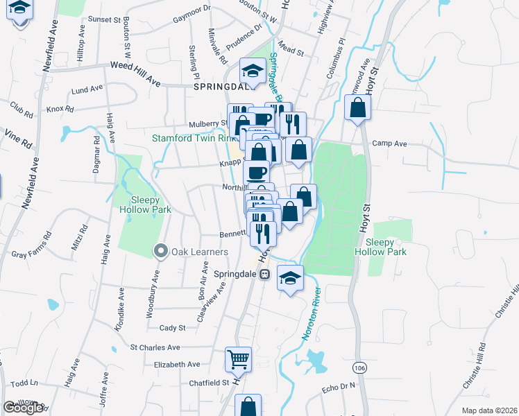 map of restaurants, bars, coffee shops, grocery stores, and more near 1005 Hope Street in Stamford