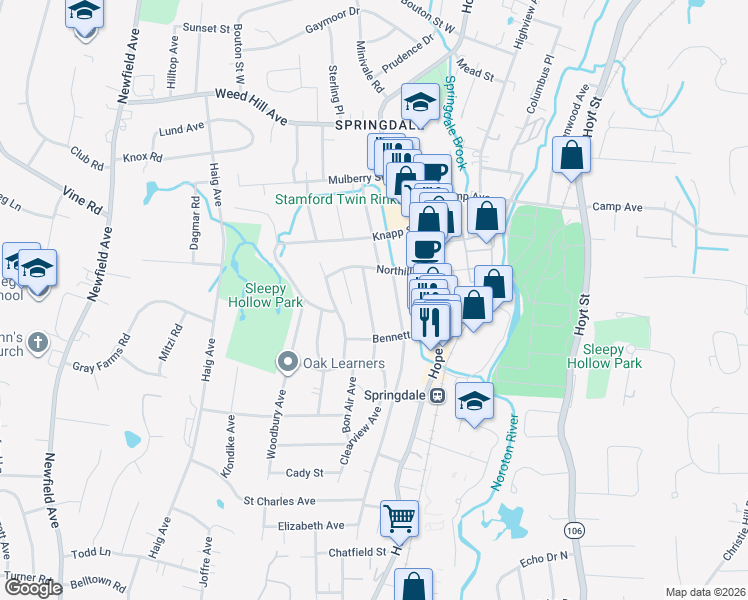 map of restaurants, bars, coffee shops, grocery stores, and more near 76 Palmer Street in Stamford