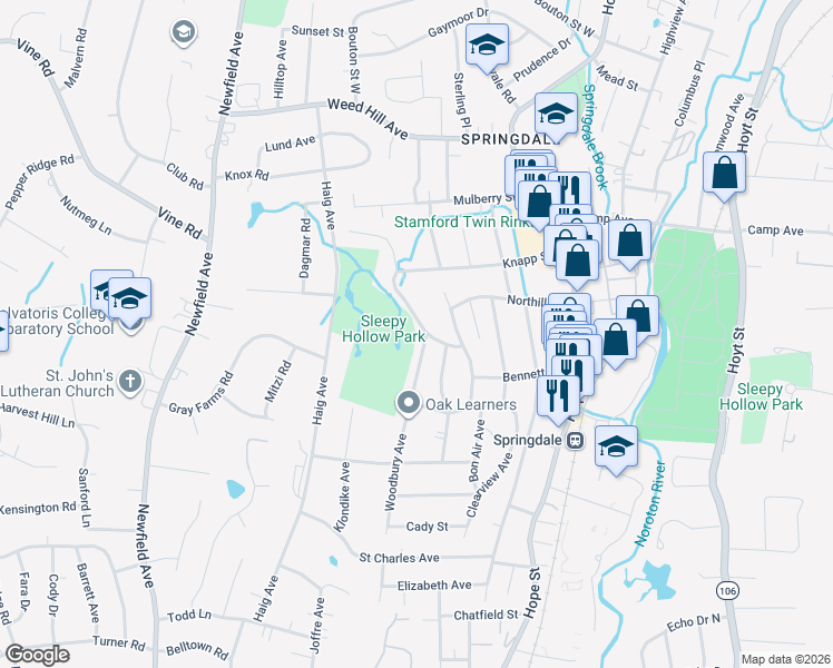 map of restaurants, bars, coffee shops, grocery stores, and more near 95 Lawton Avenue in Stamford