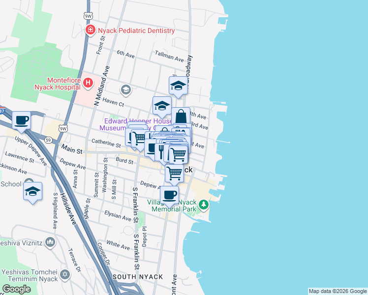 map of restaurants, bars, coffee shops, grocery stores, and more near 24 1st Avenue in Nyack