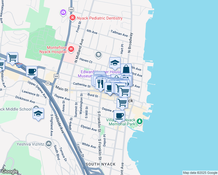 map of restaurants, bars, coffee shops, grocery stores, and more near 88 High Avenue in Nyack