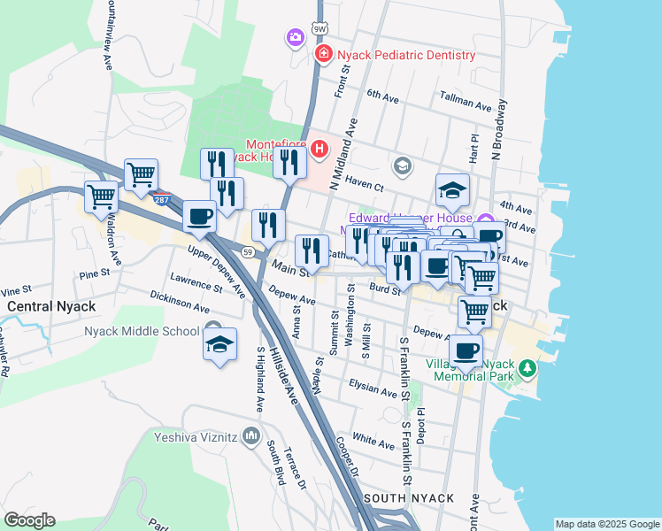 map of restaurants, bars, coffee shops, grocery stores, and more near 23 North Midland Avenue in Nyack