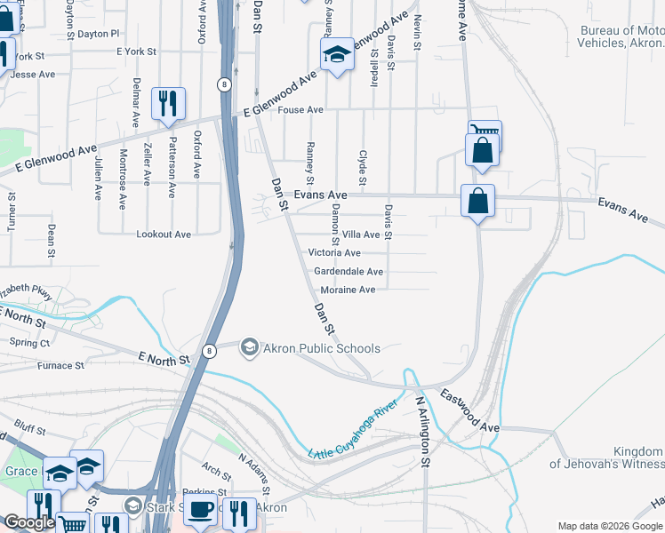 map of restaurants, bars, coffee shops, grocery stores, and more near 596 Victoria Avenue in Akron