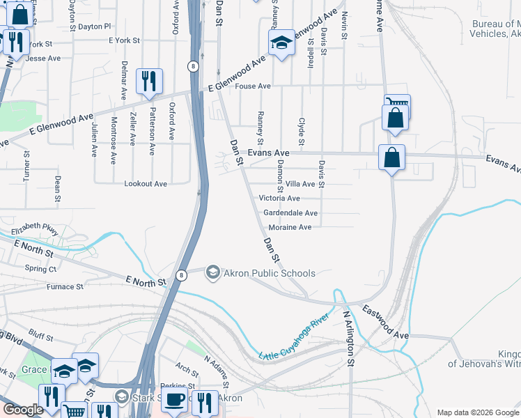 map of restaurants, bars, coffee shops, grocery stores, and more near 663 Dan Street in Akron