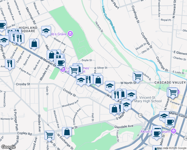 map of restaurants, bars, coffee shops, grocery stores, and more near 375 Albert Place in Akron