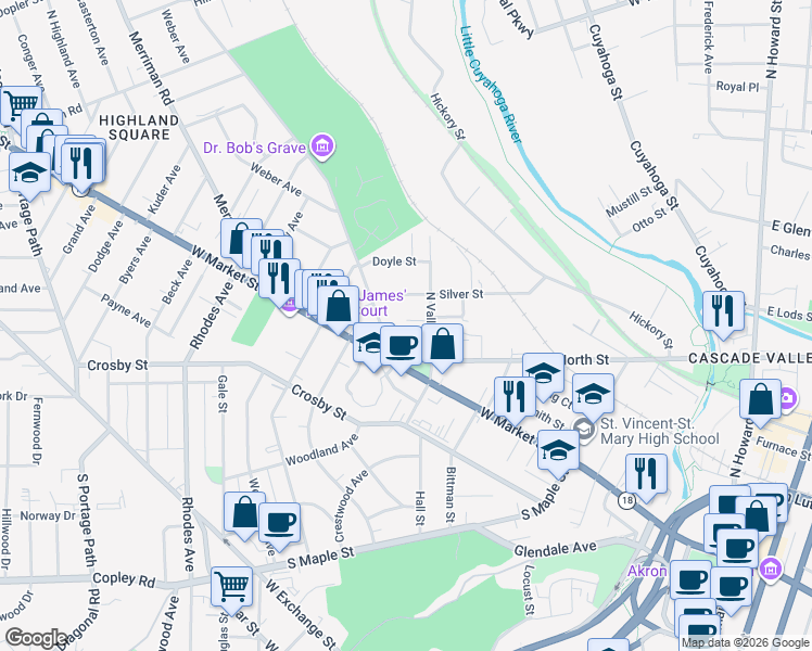 map of restaurants, bars, coffee shops, grocery stores, and more near 375 Albert Place in Akron