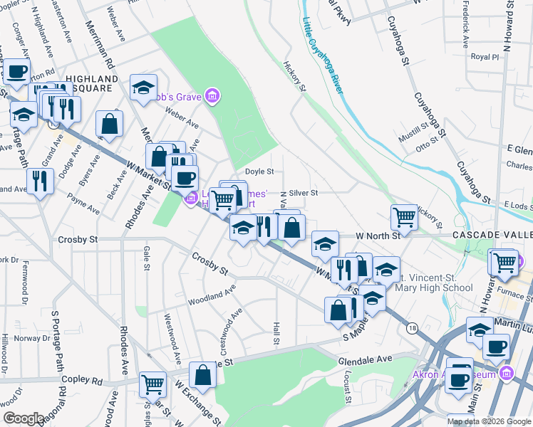 map of restaurants, bars, coffee shops, grocery stores, and more near 375 Albert Place in Akron