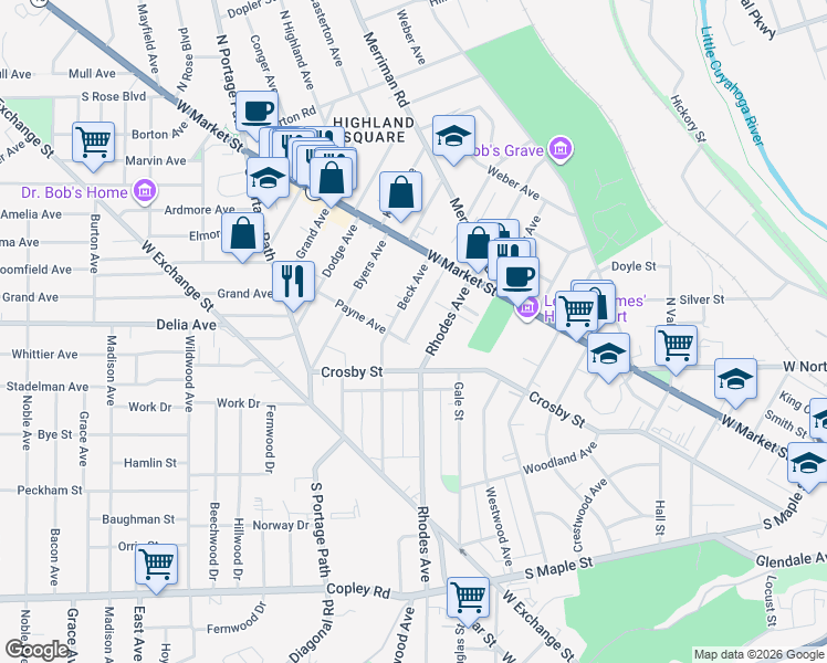 map of restaurants, bars, coffee shops, grocery stores, and more near 57 Belvidere Way in Akron