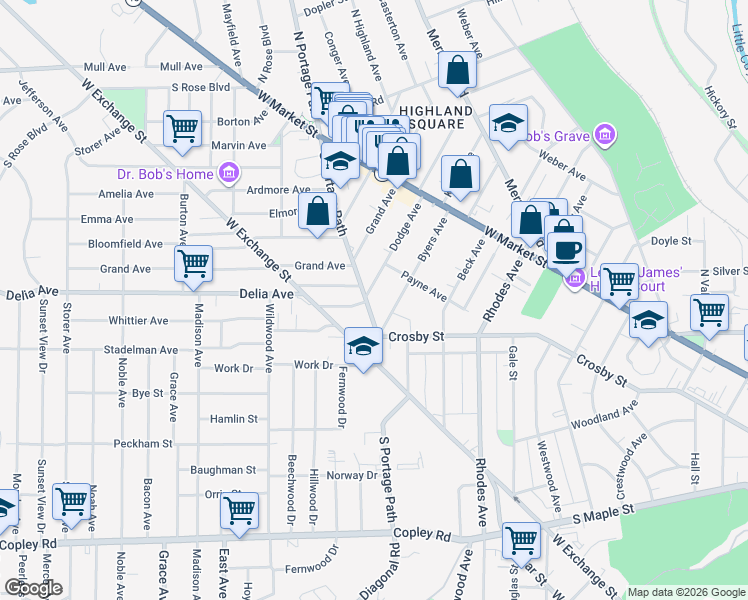 map of restaurants, bars, coffee shops, grocery stores, and more near 117 Dodge Avenue in Akron