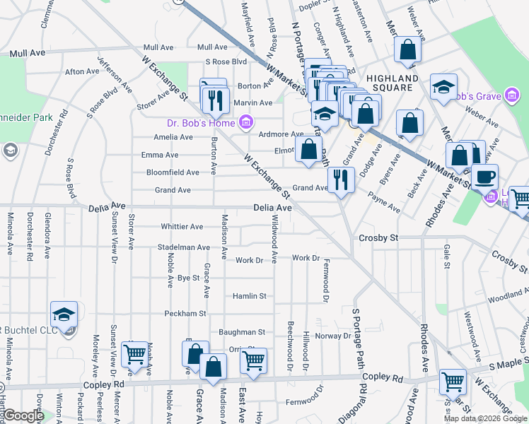 map of restaurants, bars, coffee shops, grocery stores, and more near 873 Delia Avenue in Akron