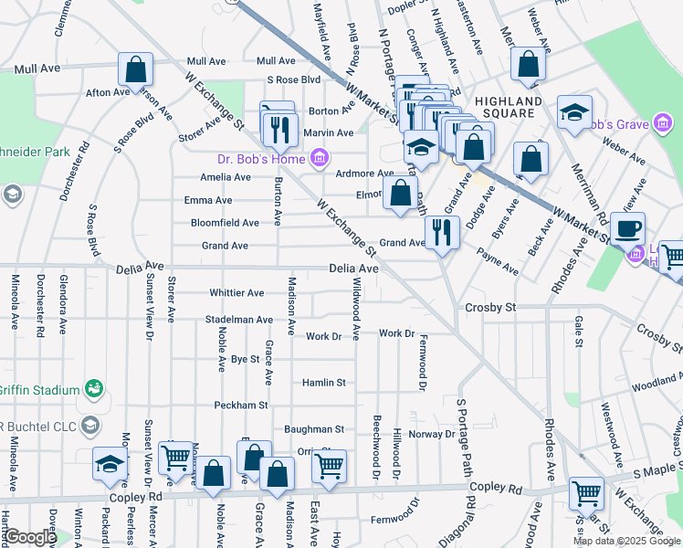 map of restaurants, bars, coffee shops, grocery stores, and more near 907 Delia Avenue in Akron