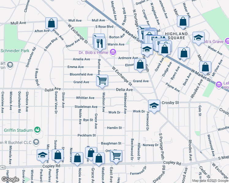 map of restaurants, bars, coffee shops, grocery stores, and more near 907 Delia Avenue in Akron