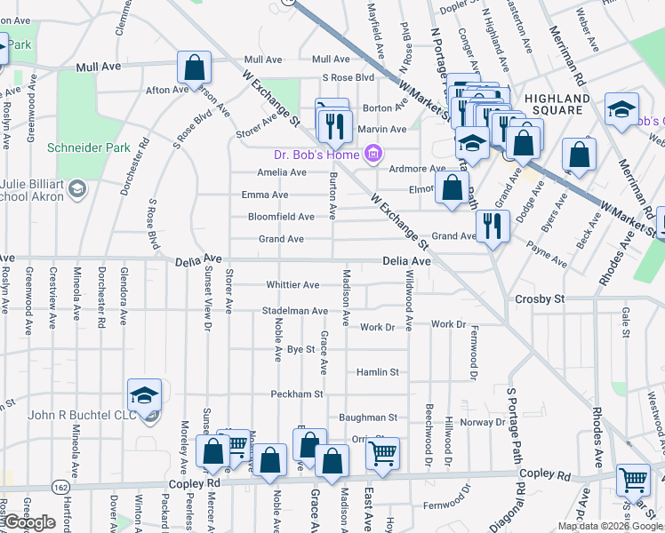 map of restaurants, bars, coffee shops, grocery stores, and more near 999 Delia Avenue in Akron