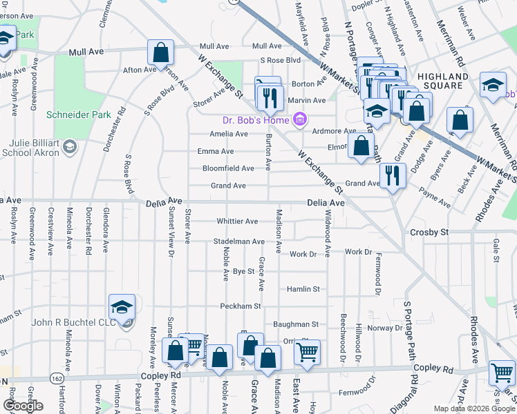 map of restaurants, bars, coffee shops, grocery stores, and more near 999 Delia Avenue in Akron
