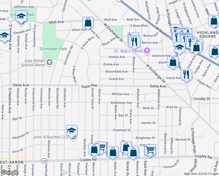 map of restaurants, bars, coffee shops, grocery stores, and more near 1081 Delia Avenue in Akron
