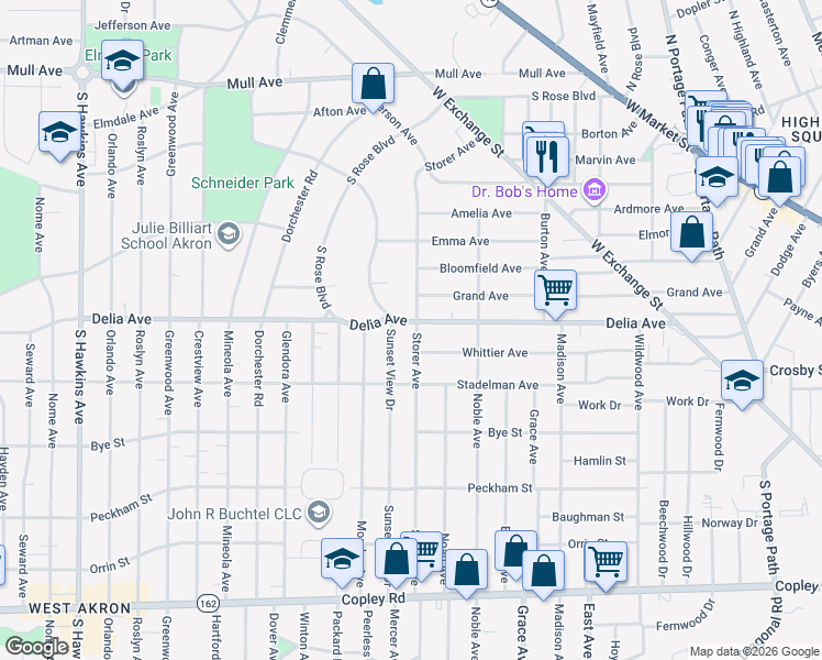 map of restaurants, bars, coffee shops, grocery stores, and more near 1119 Delia Avenue in Akron